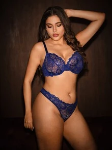 Bella Beso 1 套女士加大码纯色蕾丝钢圈文胸和内裤套装，提升型 - 藏蓝色 - 查看 5