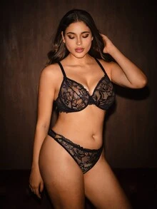 Bella Beso 1 件大码女士纯色蕾丝衬垫内衣文胸和内裤套装，提升 - 黑色 - 查看 5
