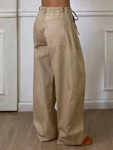 DAZY Solid Color Loose Curved Leg Casual Streetwear Drawstring Long Pants For Women, Autumn/Winter - Khaki - View 2