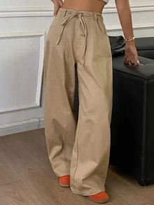 DAZY Solid Color Loose Curved Leg Casual Streetwear Drawstring Long Pants For Women, Autumn/Winter - Khaki - View 5