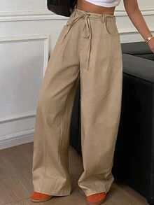 DAZY Solid Color Loose Curved Leg Casual Streetwear Drawstring Long Pants For Women, Autumn/Winter - Khaki - View 6