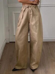 DAZY Solid Color Loose Curved Leg Casual Streetwear Drawstring Long Pants For Women, Autumn/Winter - Khaki - View 3