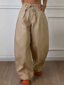 DAZY Solid Color Loose Curved Leg Casual Streetwear Drawstring Long Pants For Women, Autumn/Winter - Khaki - View 1