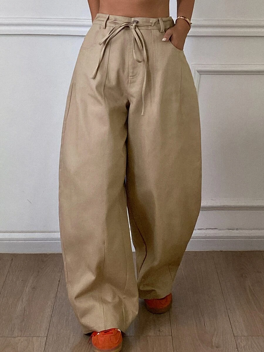 DAZY Solid Color Loose Curved Leg Casual Streetwear Drawstring Long Pants For Women, Autumn/Winter - Khaki - View 1