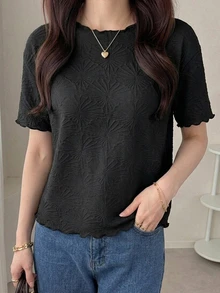 DAZY 夏季黑色紋理蕾絲寬鬆商務休閒通勤優雅短袖女款T恤辦公穿搭 - 黑色 - 查看 5