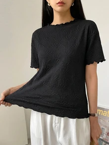 DAZY 夏季黑色紋理蕾絲寬鬆商務休閒通勤優雅短袖女款T恤辦公穿搭 - 黑色 - 查看 7