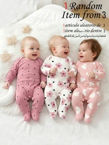 SHEIN Vintaside Kids 【随机3套，送1套】可爱爱心印花、艺术花卉印花、粉色波点印花，新生儿连体衣，舒适便捷，春夏柔软休闲睡衣套装，让宝宝看起来可爱活泼，柔软舒适的面料，给新生儿带来母爱般的拥抱感。 - 彩色 - 查看 6