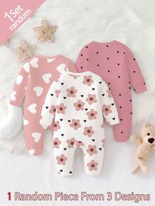 SHEIN Vintaside Kids 【随机3套，送1套】可爱爱心印花、艺术花卉印花、粉色波点印花，新生儿连体衣，舒适便捷，春夏柔软休闲睡衣套装，让宝宝看起来可爱活泼，柔软舒适的面料，给新生儿带来母爱般的拥抱感。 - 彩色 - 查看 2