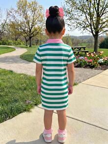 女童甜美可愛彩虹條紋 Polo 領洋裝，休閒日常舒適百搭 - 彩色 - 查看 2