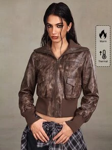 SHEIN x Luisa Sonza ROMWE Grunge Punk 復古街頭做舊 PU 皮機車風翻領修身女款夾克 - 摩卡棕 - 查看 1