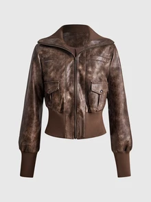 SHEIN x Luisa Sonza ROMWE Grunge Punk 復古街頭做舊 PU 皮機車風翻領修身女款夾克 - 摩卡棕 - 查看 5