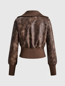 SHEIN x Luisa Sonza ROMWE Grunge Punk 復古街頭做舊 PU 皮機車風翻領修身女款夾克 - 摩卡棕 - 查看 2