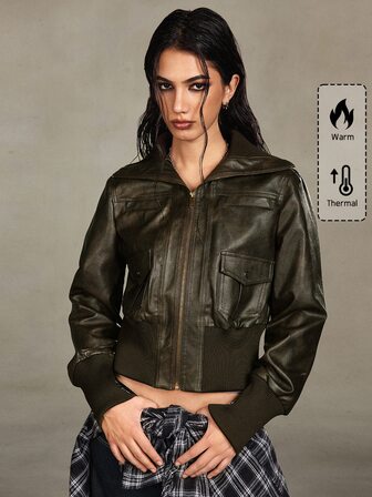 Grunge Punk Veste ajustée pour femme style moto vintage street en PU effet usé avec col à revers