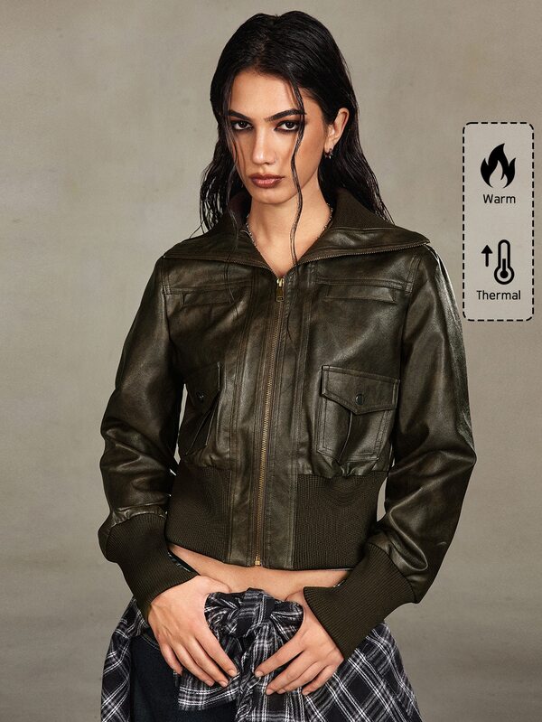 SHEIN x Luisa Sonza ROMWE Grunge Punk Chaqueta de mujer ajustada estilo motocicleta con solapa, de PU desgastado vintage callejero