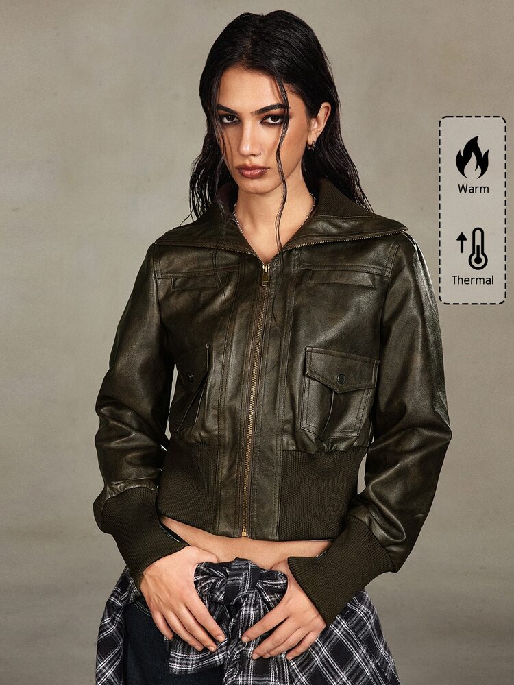 SHEIN x Luisa Sonza ROMWE Grunge Punk Vintage Street Distressed PU Motorcycle Style Lapel Fitted Women's Jacket - Green - View 1