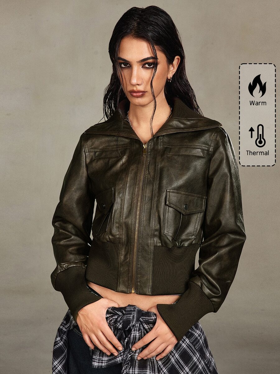SHEIN x Luisa Sonza ROMWE Grunge Punk 復古街頭做舊 PU 機車風翻領修身女款夾克 - 綠色 - 查看 1