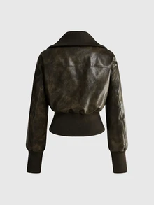 SHEIN x Luisa Sonza ROMWE Grunge Punk 復古街頭做舊 PU 機車風翻領修身女款夾克 - 綠色 - 查看 2