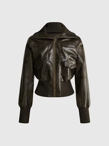 SHEIN x Luisa Sonza ROMWE Grunge Punk 復古街頭做舊 PU 機車風翻領修身女款夾克 - 綠色 - 查看 5