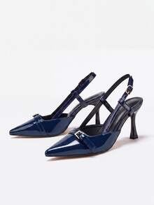 Lumivelle Women's Pointed Toe Strap Buckle High Heel Pumps, Elegant, Party - Navy Blue - View 1
