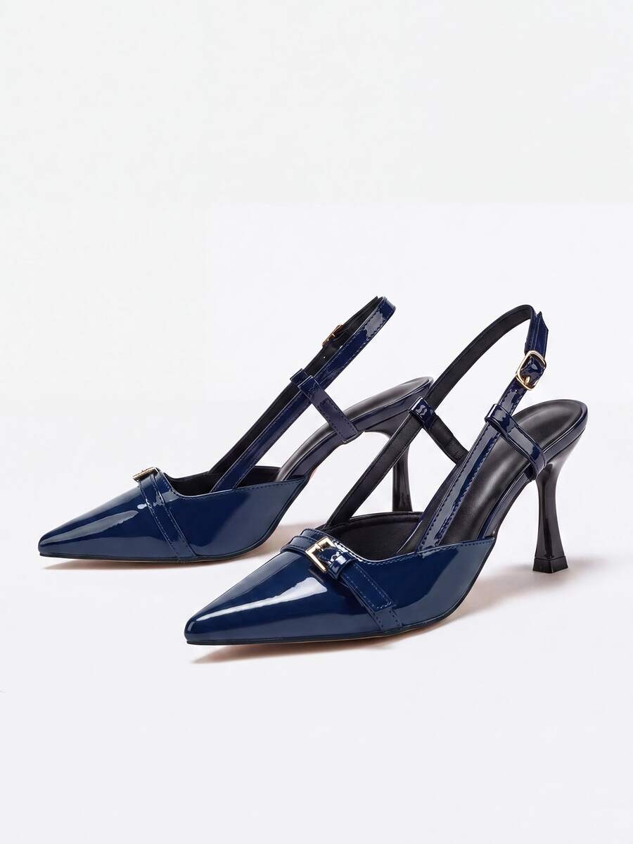 Lumivelle Women's Pointed Toe Strap Buckle High Heel Pumps, Elegant, Party - Navy Blue - View 1
