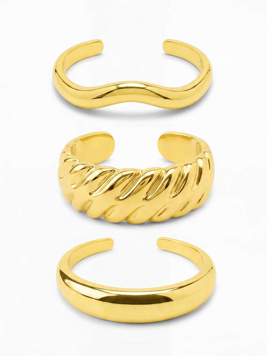 Lumivelle 3pcs/1set Vintage Elegant Fashion Exaggerated Wide Face CCB Bohemian Punk Geometric Asymmetrical Criss-Cross Wave Smooth Open Bangle Bracelet Set, Minimalist Personalized Versatile Hip-Hop Luxury High-End Y2K Thick Bracelet Suitable For Women Men Couples Summer Beach Party Date Gift All Season Daily Wear Accessory - Yellow Gold - View 1