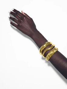 Lumivelle 3pcs/1set Vintage Elegant Fashion Exaggerated Wide Face CCB Bohemian Punk Geometric Asymmetrical Criss-Cross Wave Smooth Open Bangle Bracelet Set, Minimalist Personalized Versatile Hip-Hop Luxury High-End Y2K Thick Bracelet Suitable For Women Men Couples Summer Beach Party Date Gift All Season Daily Wear Accessory - Yellow Gold - View 2