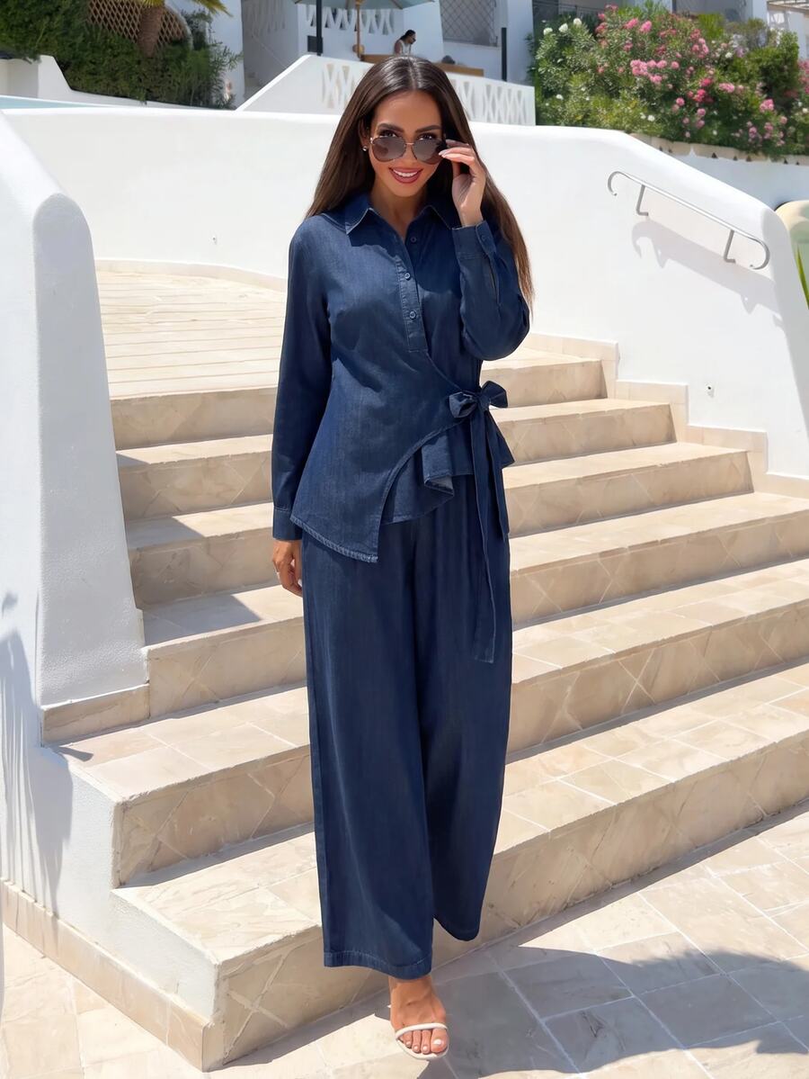 Alya Khalil Women's Vintage Washed Korean Style Denim Shirt & Casual Loose Fit Pants 2 Pieces Set Petite - Blue - View 1