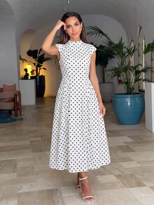 Alya Khalil Women's Elegant Summer White With Black Polka Dots Long Dress Tea Party Garden Party Wedding Guest Dress Vintage Dolman Sleeves Valentine's Vacation - Black and White - View 4