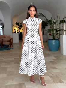 Alya Khalil Women's Elegant Summer White With Black Polka Dots Long Dress Tea Party Garden Party Wedding Guest Dress Vintage Dolman Sleeves Valentine's Vacation - Black and White - View 2