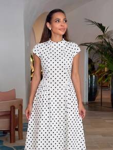 Alya Khalil Women's Elegant Summer White With Black Polka Dots Long Dress Tea Party Garden Party Wedding Guest Dress Vintage Dolman Sleeves Valentine's Vacation - Black and White - View 5