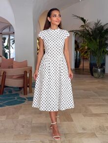 Alya Khalil Women's Elegant Summer White With Black Polka Dots Long Dress Tea Party Garden Party Wedding Guest Dress Vintage Dolman Sleeves Valentine's Vacation - Black and White - View 1