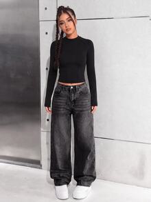 SHEIN 少女休闲基本款复古蓝色宽松直筒牛仔裤 - 黑色 - 查看 5