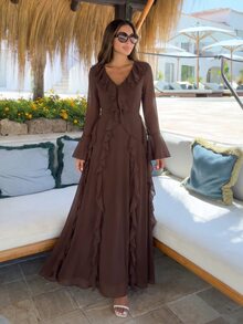 Alya Khalil Gaun Rajut Jala Hitam Berkerah V Dalam Lengan Panjang dengan Hiasan Rumbai di Bagian Bawah, Gaun Tamu Pernikahan Elegan untuk Wanita - Coffee Brown - View 3