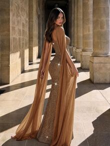Aloruh Elegantes minimalistisches Wasteland-Stil Häkel-Pailletten-Bustier mit asymmetrischem Bogen, handgefertigter perlenbesetzter High-Waist-Slim-Fit-Gerock mit Rückschlitz für Party - Kaffeebraun - Übersicht 2