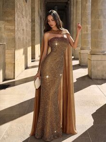 Aloruh Elegantes minimalistisches Wasteland-Stil Häkel-Pailletten-Bustier mit asymmetrischem Bogen, handgefertigter perlenbesetzter High-Waist-Slim-Fit-Gerock mit Rückschlitz für Party - Kaffeebraun - Übersicht 4