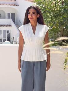 Alya Khalil V領摺疊百褶蝙蝠袖荷葉邊上衣 夏季款 - 米色 - 查看 5