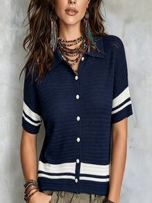 Vionelle Plus Size Fashion White Contrast Trim Lapel Exquisite Button Navy Blue Sweater Cardigan Casual Elegant Formal Traditional 90s Autumn Jacket Fall - Multicolor - View 5