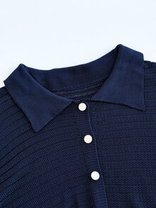 Vionelle Plus Size Fashion White Contrast Trim Lapel Exquisite Button Navy Blue Sweater Cardigan Casual Elegant Formal Traditional 90s Autumn Jacket Fall - Multicolor - View 8