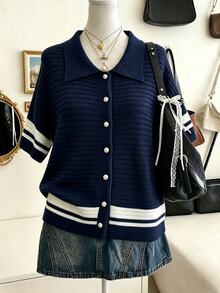 Vionelle Plus Size Fashion White Contrast Trim Lapel Exquisite Button Navy Blue Sweater Cardigan Casual Elegant Formal Traditional 90s Autumn Jacket Fall - Multicolor - View 6