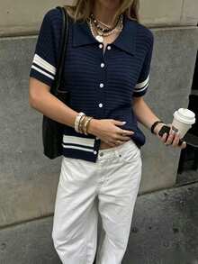 Vionelle Plus Size Fashion White Contrast Trim Lapel Exquisite Button Navy Blue Sweater Cardigan Casual Elegant Formal Traditional 90s Autumn Jacket Fall - Multicolor - View 2