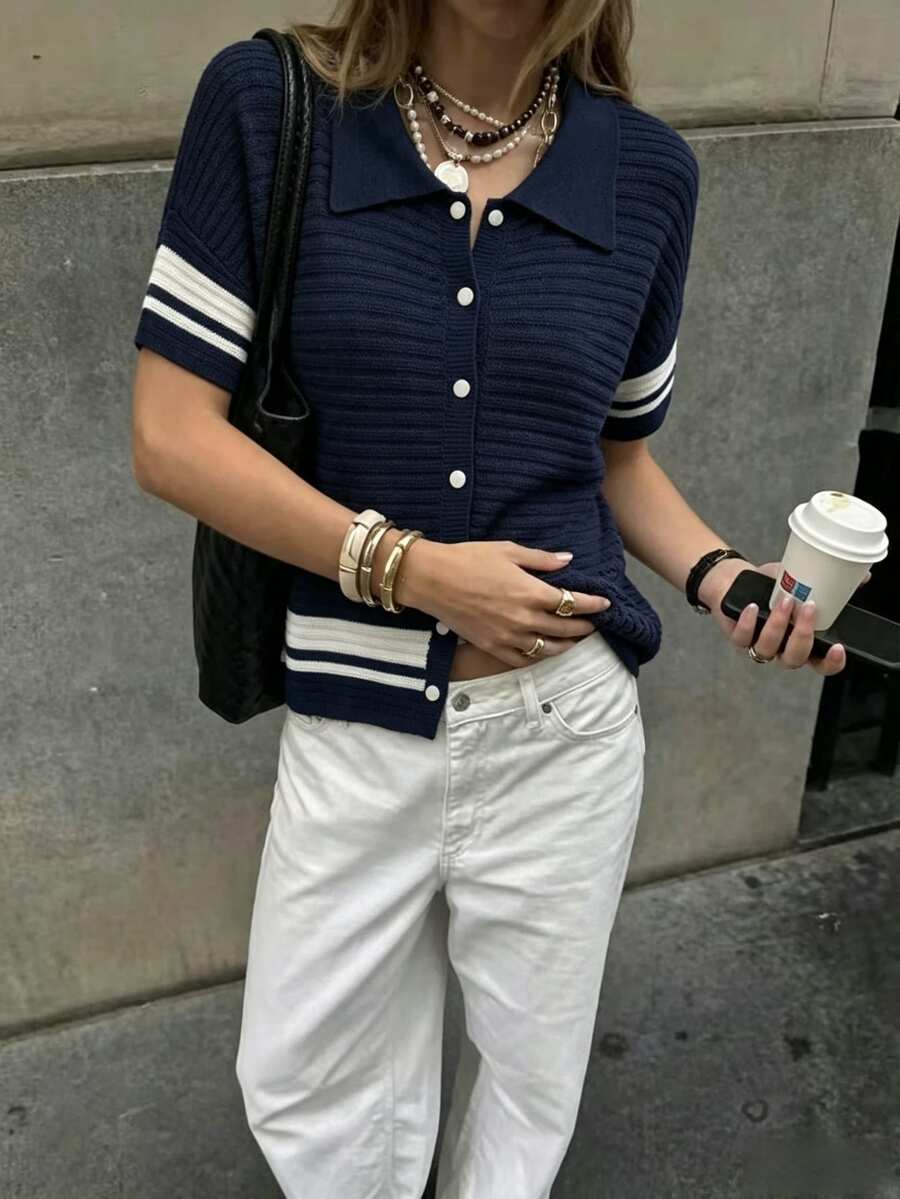 Vionelle Plus Size Fashion White Contrast Trim Lapel Exquisite Button Navy Blue Sweater Cardigan Casual Elegant Formal Traditional 90s Autumn Jacket Fall