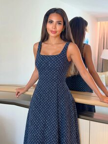 Alya Khalil 夏威夷女款長版優雅提花牛仔洋裝，適合野餐、夜店、茶會、畢業典禮、辦公室、休閒度假，西式風格女裝 - 中等水洗藍 - 查看 6