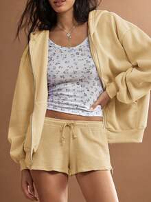 WESTFADE Cute Mid Rise Tie Front Textured Knit Lounge Short - Yellow - View 4