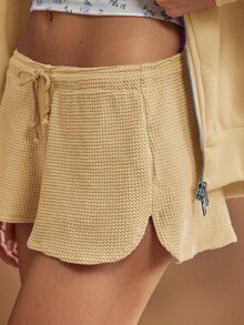 WESTFADE Cute Mid Rise Tie Front Textured Knit Lounge Short - Yellow - View 2