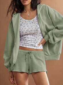 WESTFADE Short de estar en casa de punto texturizado con nudo delantero y cintura media, estilo lindo - Verde - Ver 4