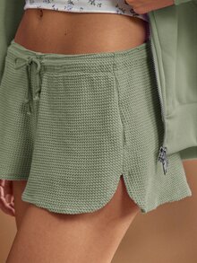 WESTFADE Short de estar en casa de punto texturizado con nudo delantero y cintura media, estilo lindo - Verde - Ver 2