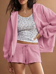 WESTFADE Cute Mid Rise Tie Front Textured Knit Lounge Short - Pink - View 4