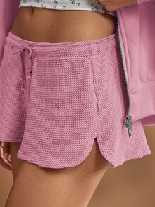 WESTFADE Cute Mid Rise Tie Front Textured Knit Lounge Short - Pink - View 2