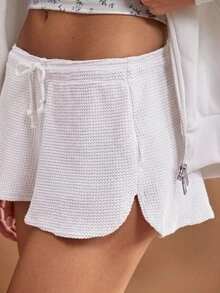 WESTFADE Women's White Textured Waffle Knit Lounge Shorts, Mid Rise Drawstring Waist Summer Casual Loungewear For Beach, Festival, Boho, Nashville Rodeo - White - View 2