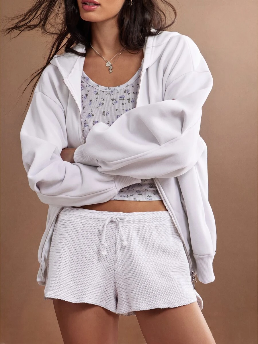 WESTFADE Women's White Textured Waffle Knit Lounge Shorts, Mid Rise Drawstring Waist Summer Casual Loungewear For Beach, Festival, Boho, Nashville Rodeo - White - View 1